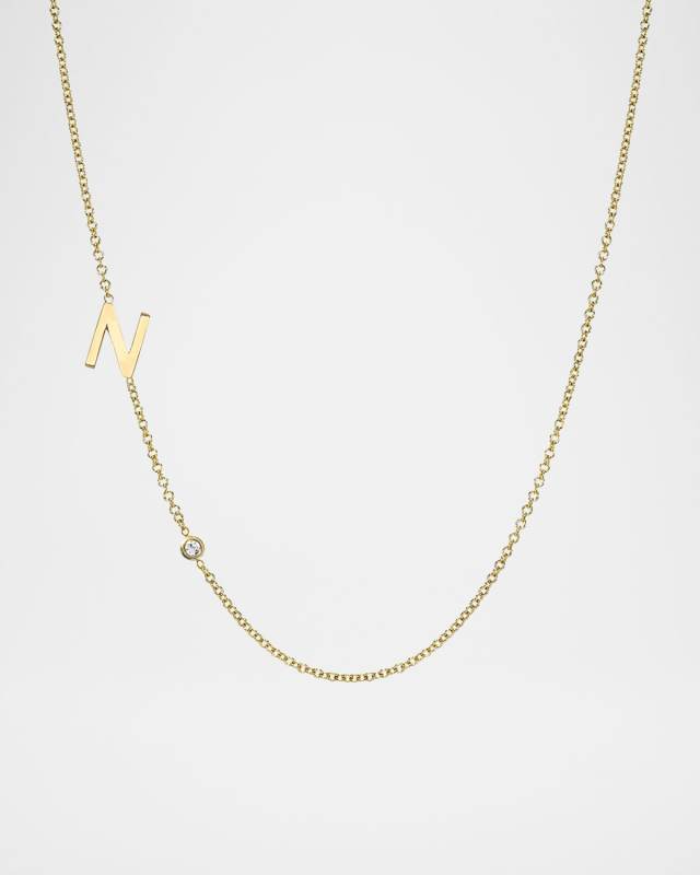 14k Gold Asymmetrical Initial and Bezel Diamond Necklace